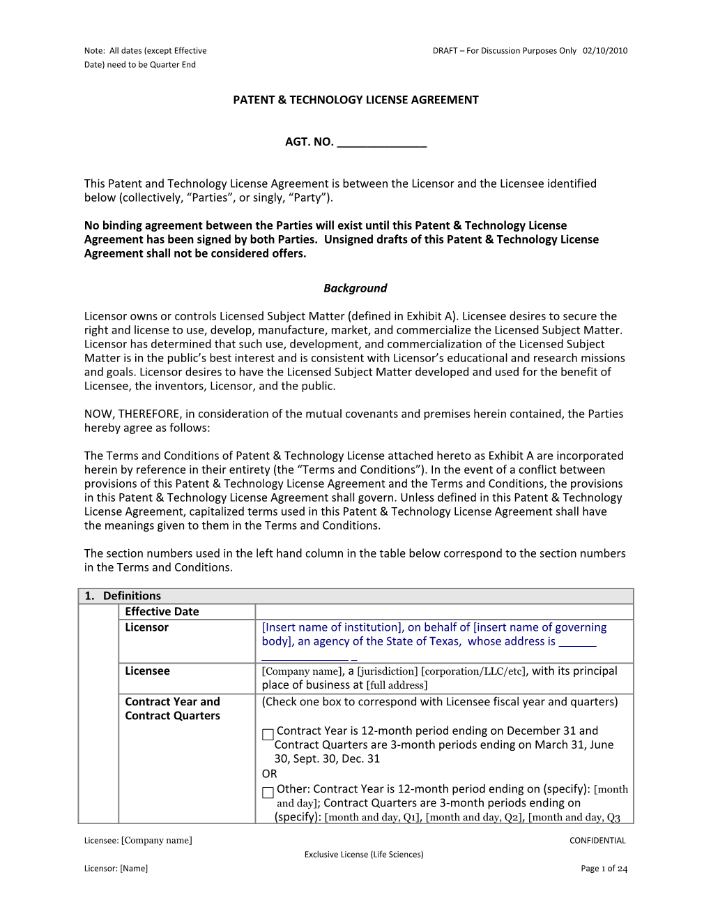 PATENT & Technology LICENSE AGREEMENT