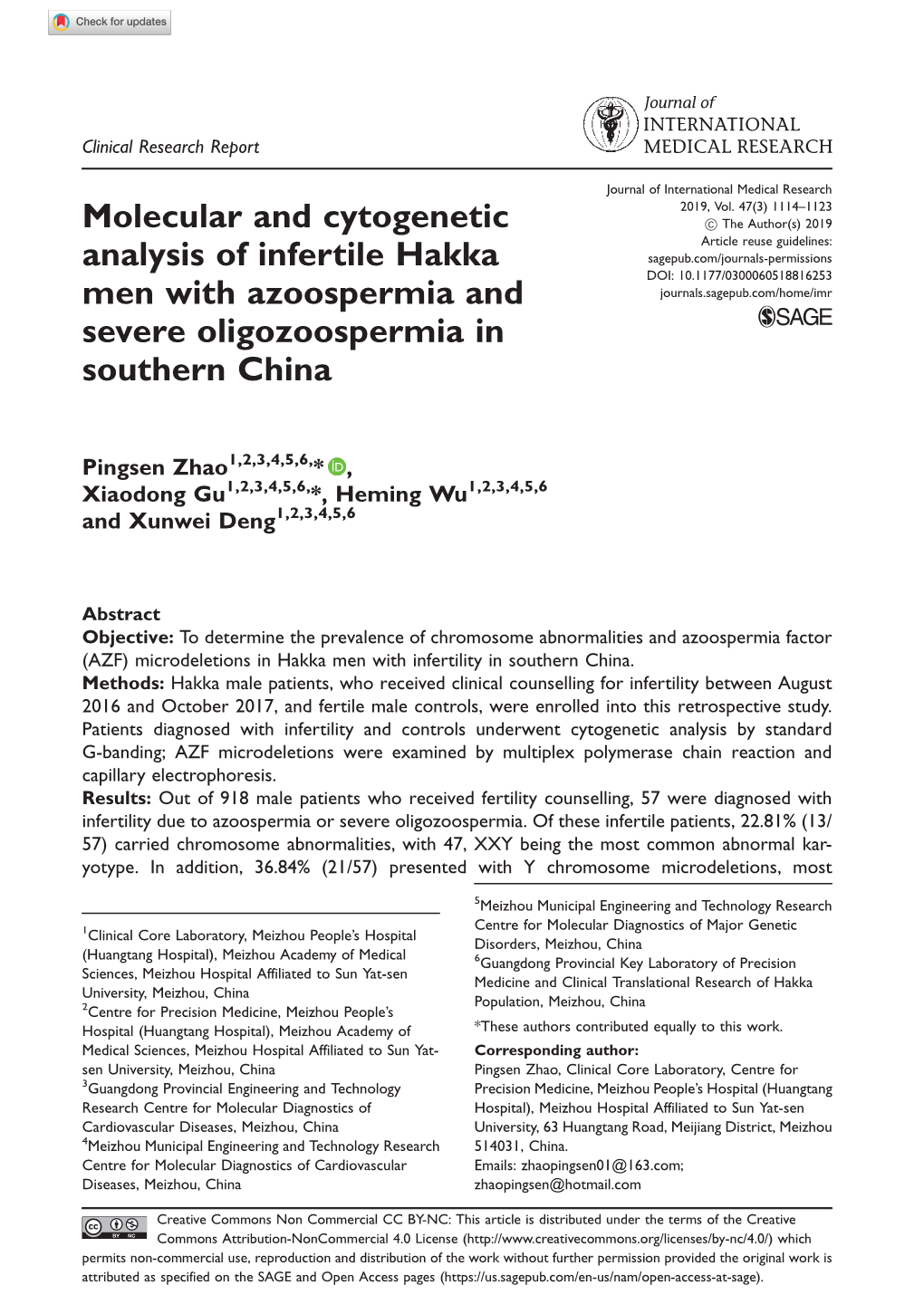 Molecular and Cytogenetic Analysis of Infertile Hakka Men With