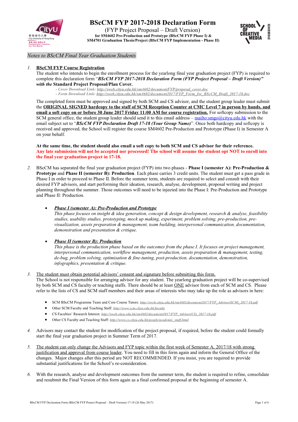 FYP Declaration Form for SM4701 Graduation Thesis/Project for Bsccm FYP (Phase I) & SM4902