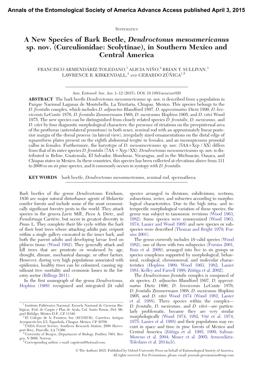 A New Species of Bark Beetle, Dendroctonus Mesoamericanus Sp