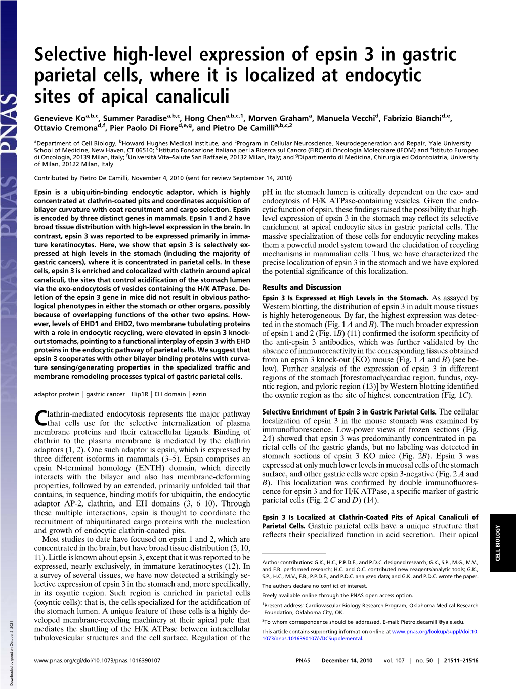 Selective High-Level Expression of Epsin 3 in Gastric Parietal Cells, Where It Is Localized at Endocytic Sites of Apical Canaliculi