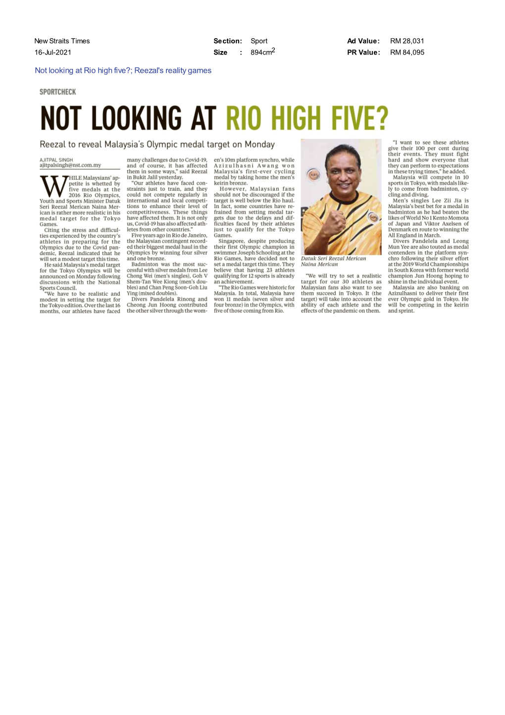 New Straits Times Not Looking at Rio High Five?; Reezal's Reality Games