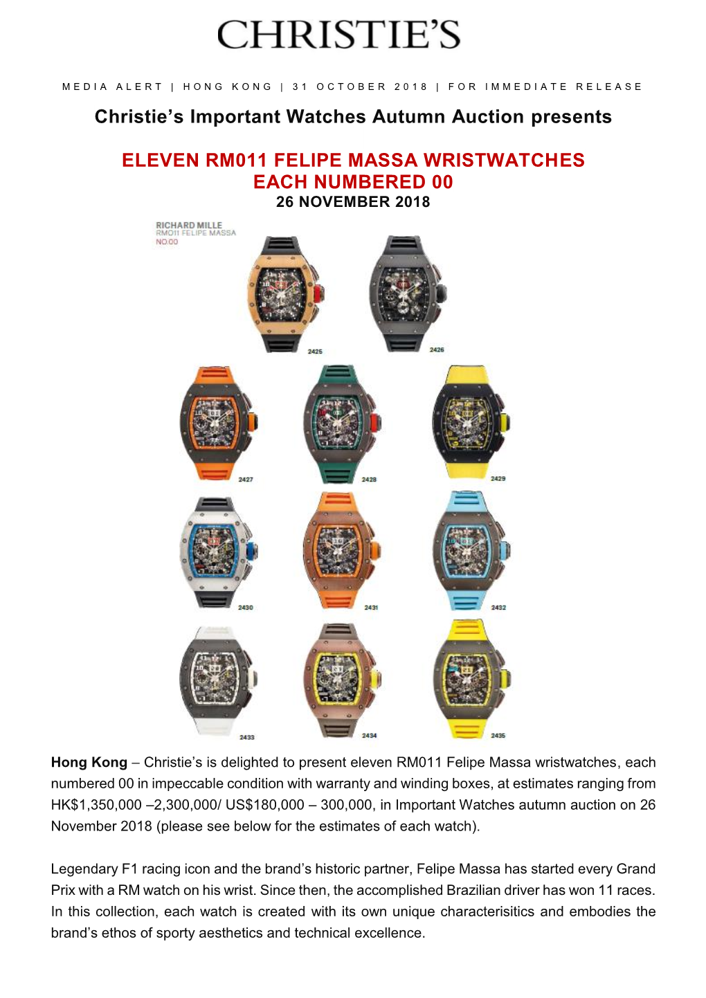 Christie's Important Watches Autumn Auction Presents ELEVEN RM011