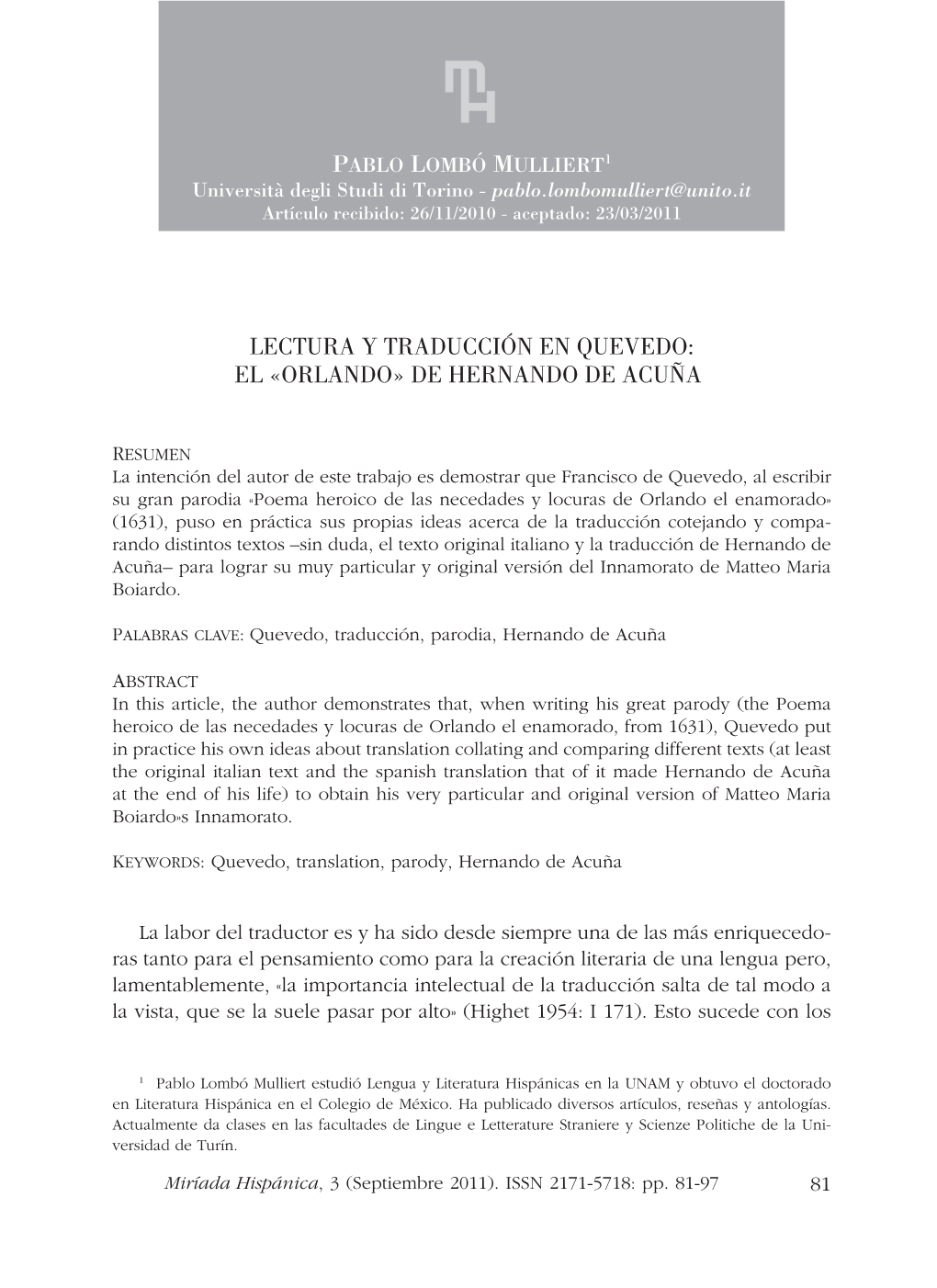 Lectura Y Traducción En Quevedo: El «Orlando» De Hernando De Acuña1