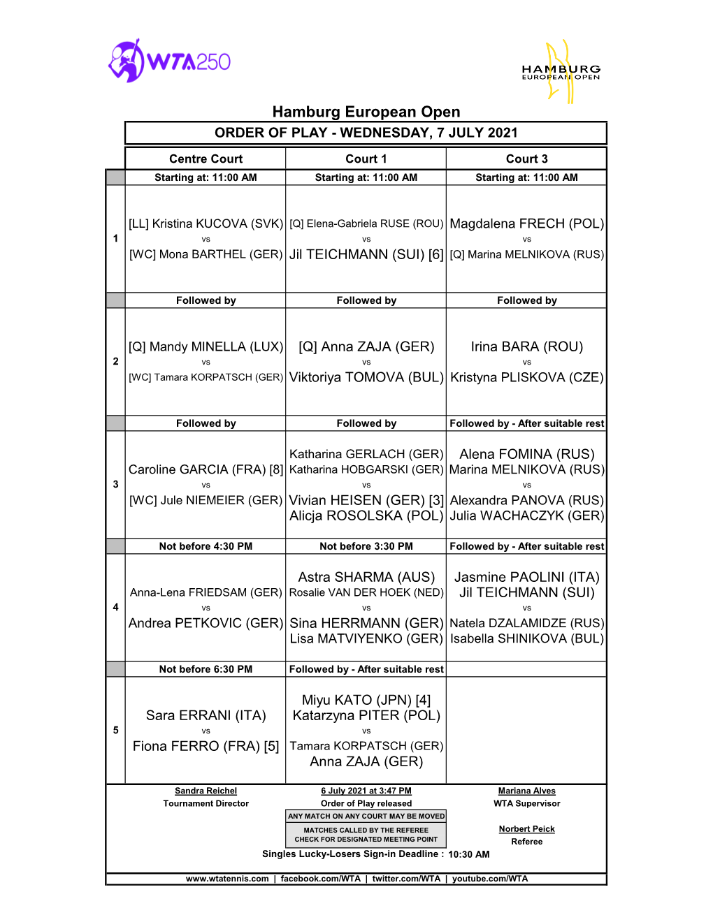 Hamburg European Open ORDER of PLAY - WEDNESDAY, 7 JULY 2021