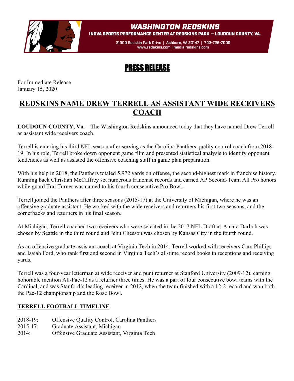 Press Release Redskins Name Drew Terrell As