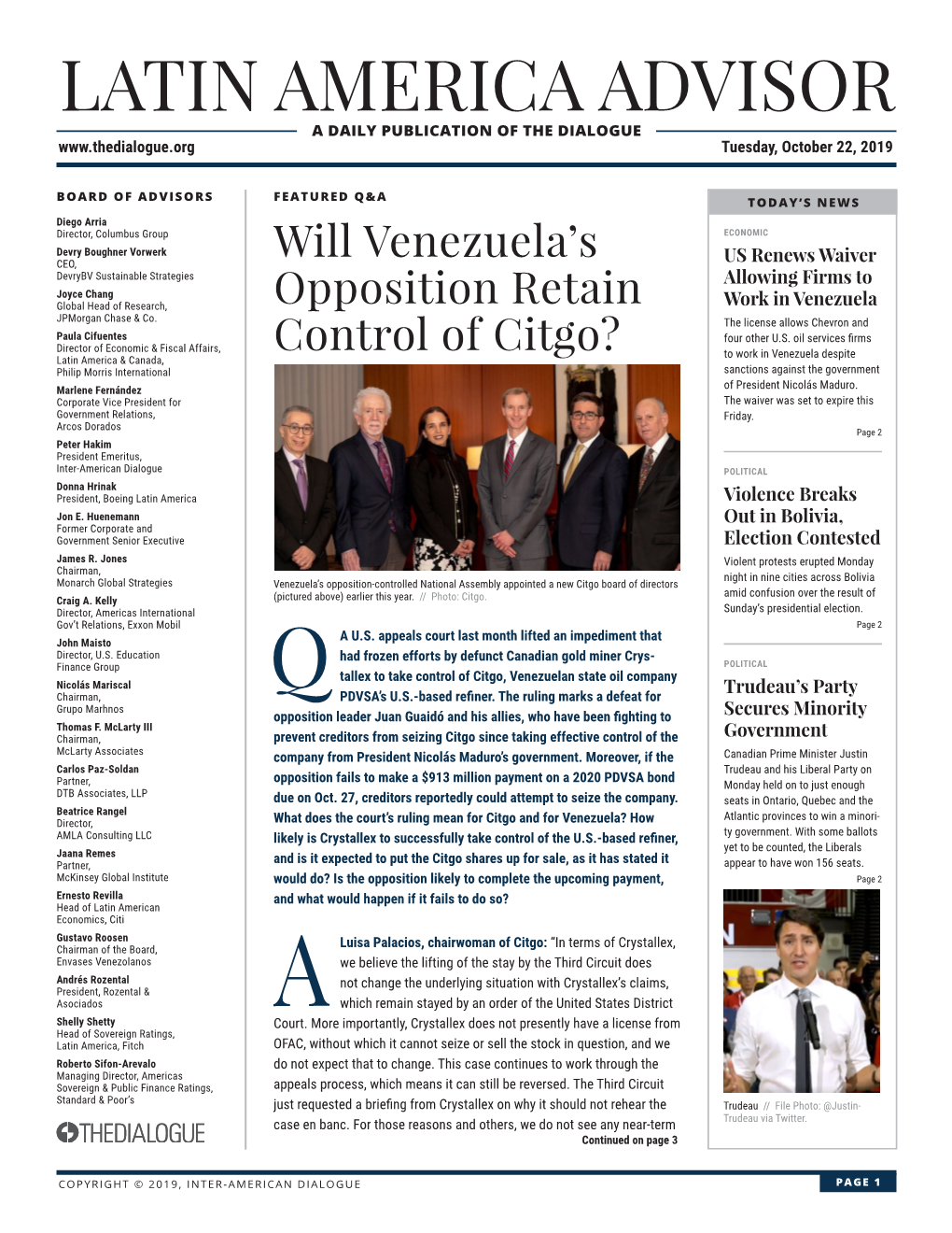 LATIN AMERICA ADVISOR a DAILY PUBLICATION of the DIALOGUE Tuesday, October 22, 2019