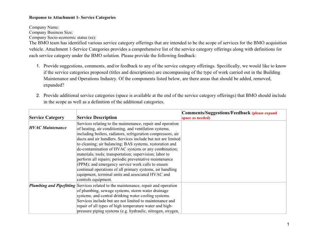 Response to Attachment 1- Service Categories