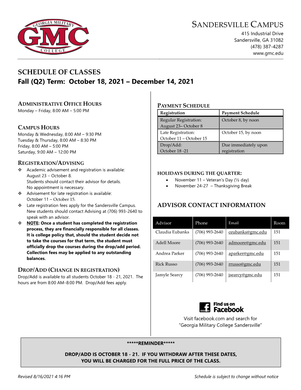 SANDERSVILLE CAMPUS SCHEDULE of CLASSES Fall (Q2