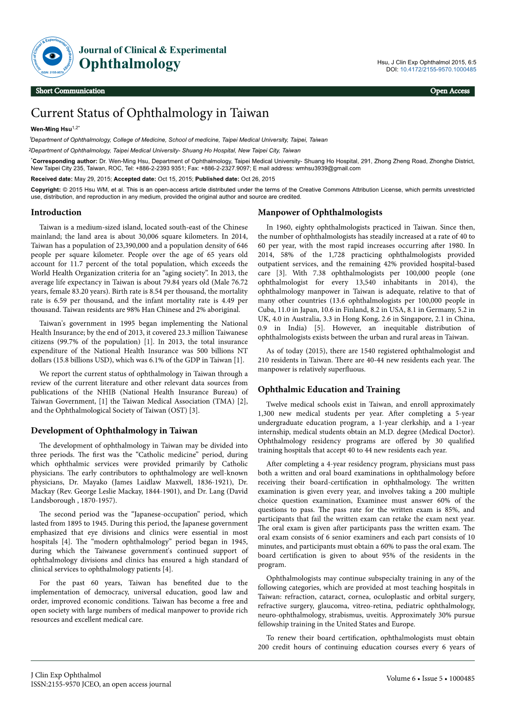 Current Status of Ophthalmology in Taiwan