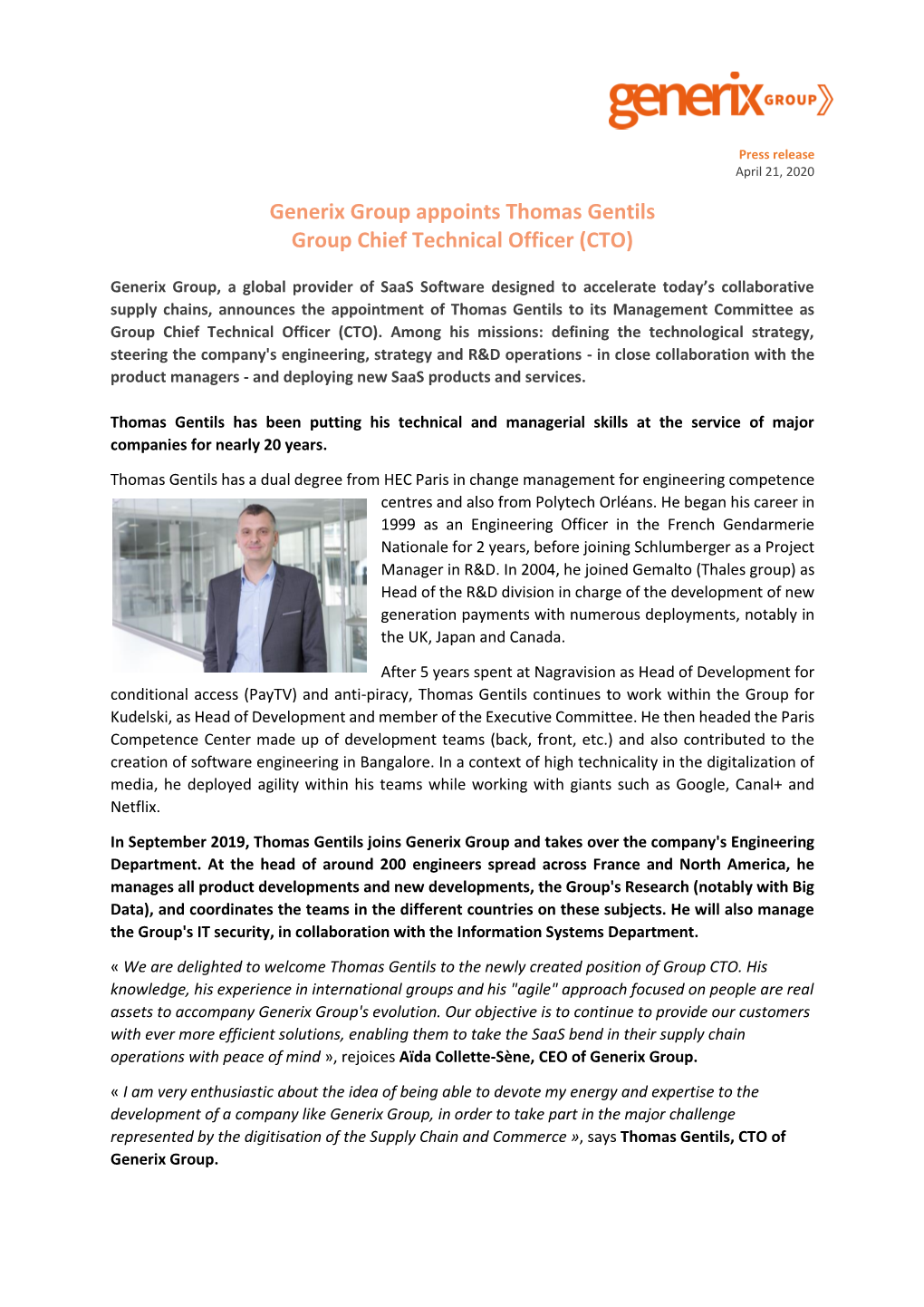 Generix Group Appoints Thomas Gentils Group Chief Technical Officer (CTO)