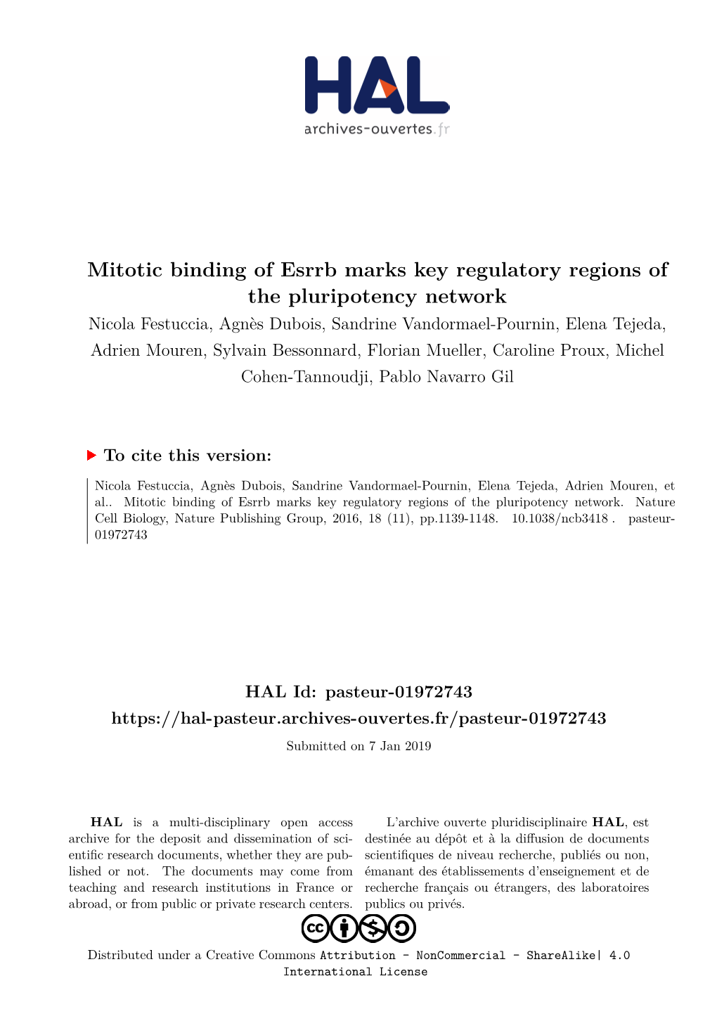 Mitotic Binding of Esrrb Marks Key Regulatory Regions of The