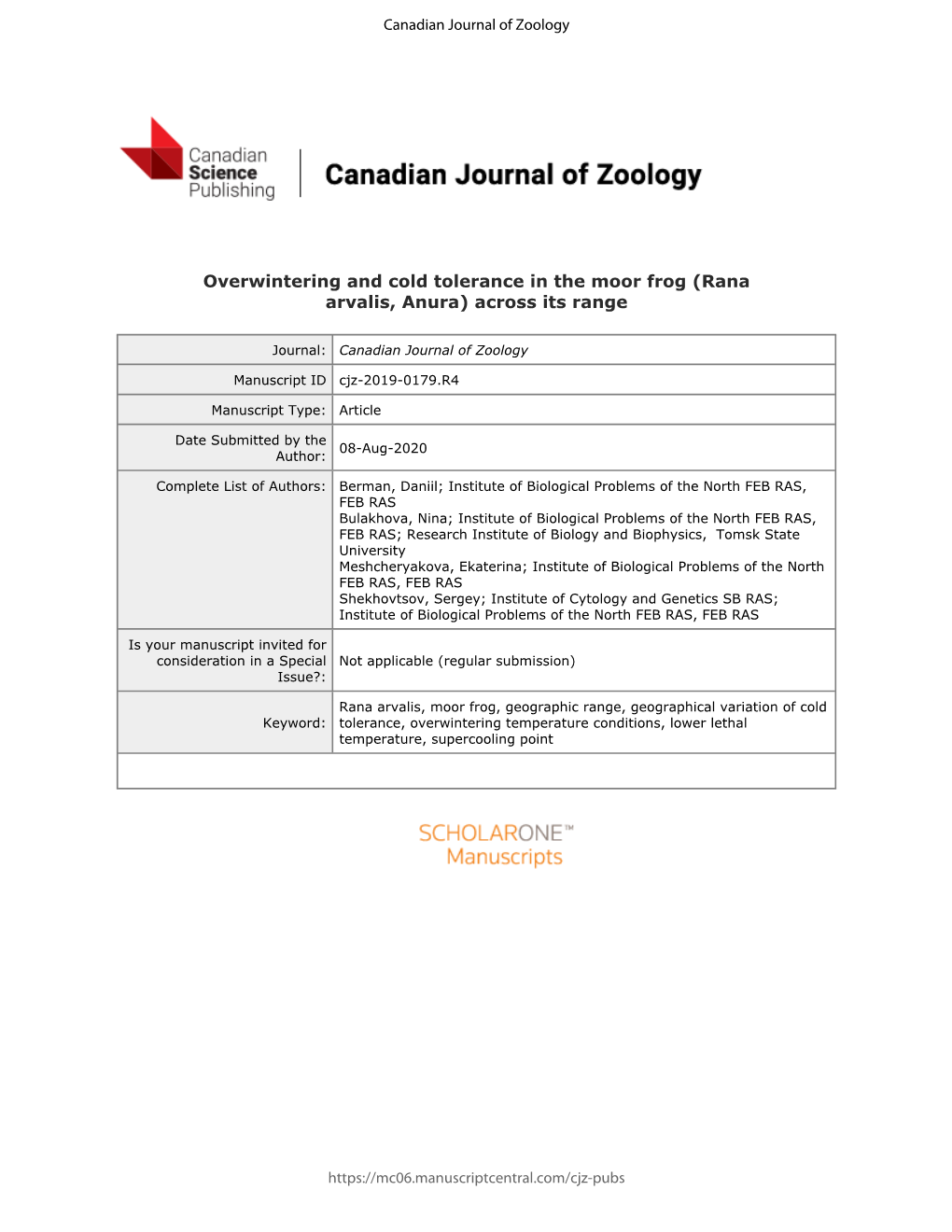 Overwintering and Cold Tolerance in the Moor Frog (Rana Arvalis, Anura) Across Its Range