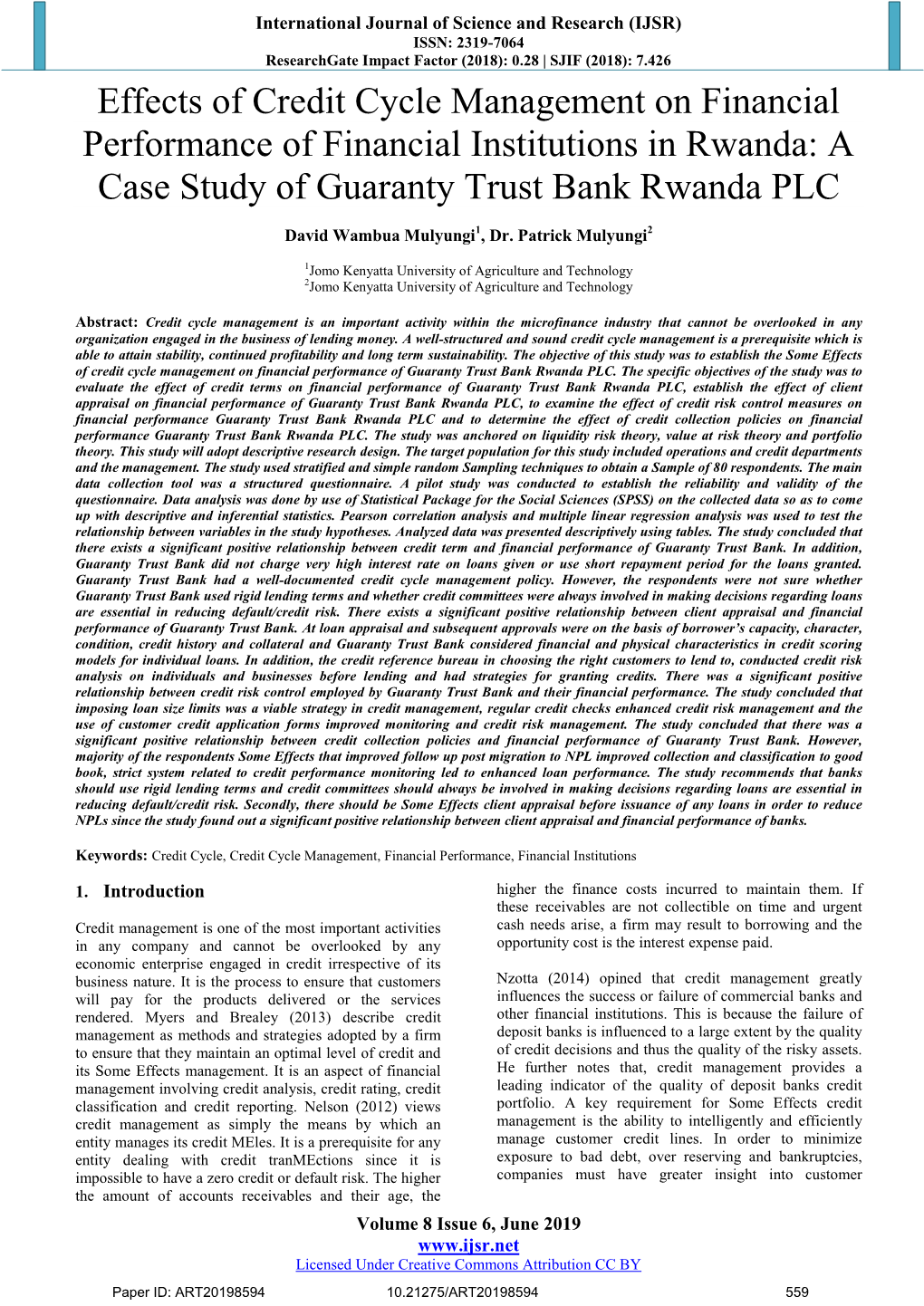 Effects of Credit Cycle Management on Financial Performance of Financial Institutions in Rwanda: a Case Study of Guaranty Trust Bank Rwanda PLC