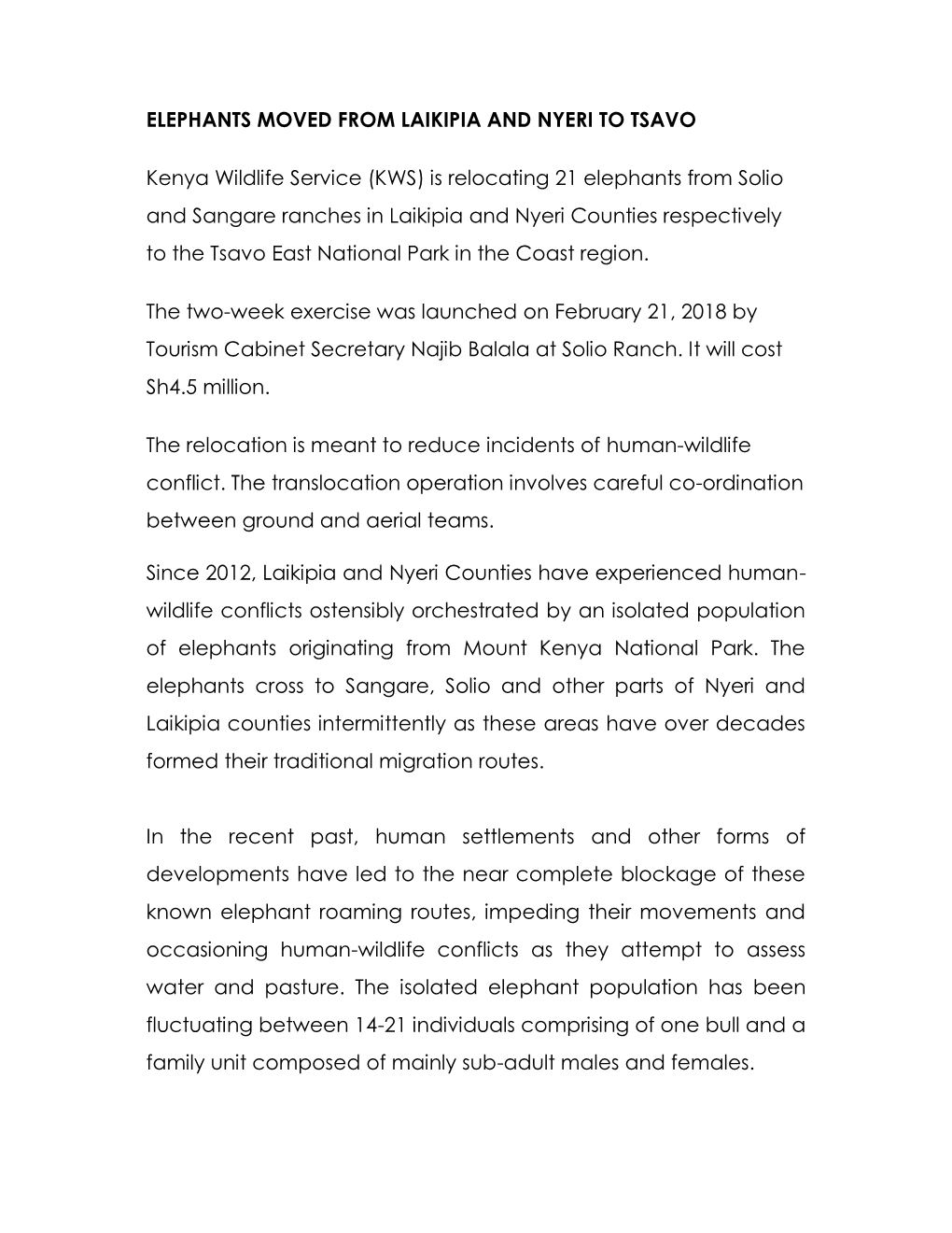 ELEPHANTS MOVED from LAIKIPIA and NYERI to TSAVO Kenya Wildlife Service (KWS) Is Relocating 21 Elephants from Solio and Sangare
