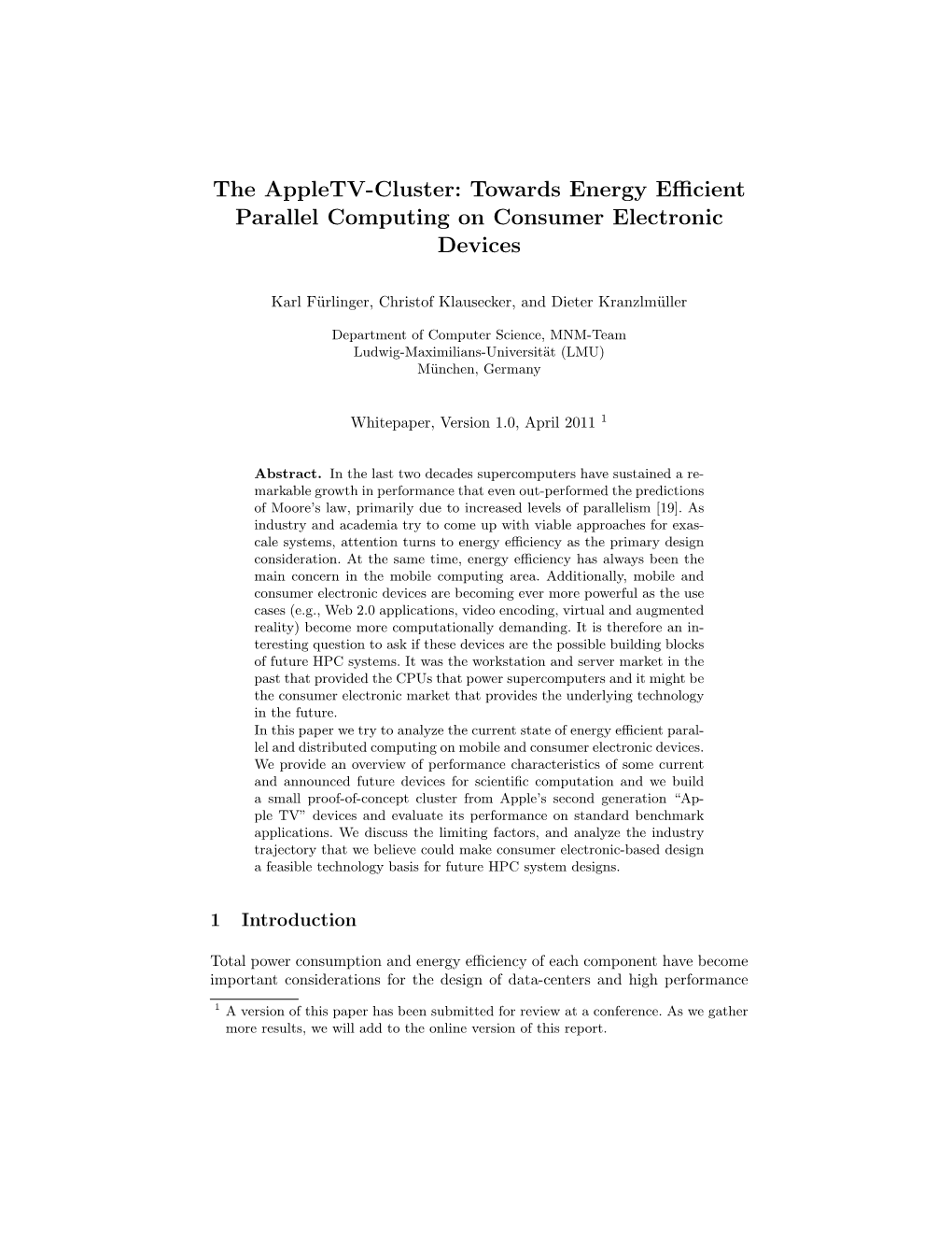 The Appletv-Cluster: Towards Energy Efficient Parallel Computing On