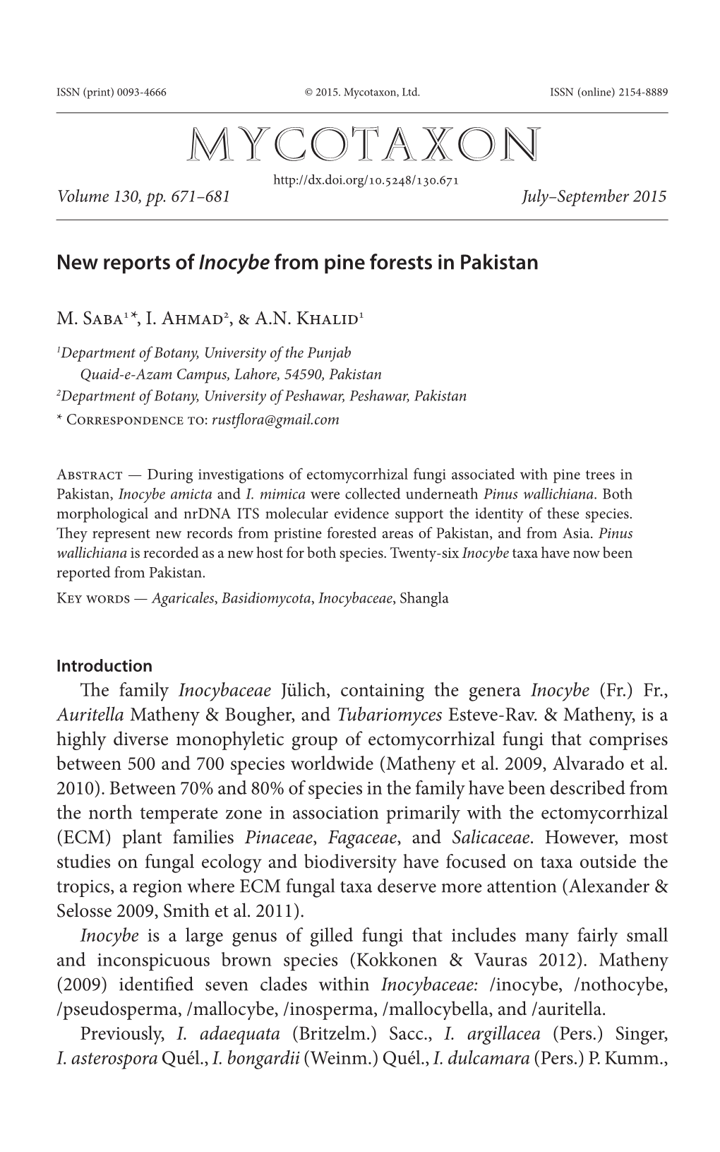 New Reports of &lt;I&gt;Inocybe&lt;/I&gt; from Pine Forests in Pakistan
