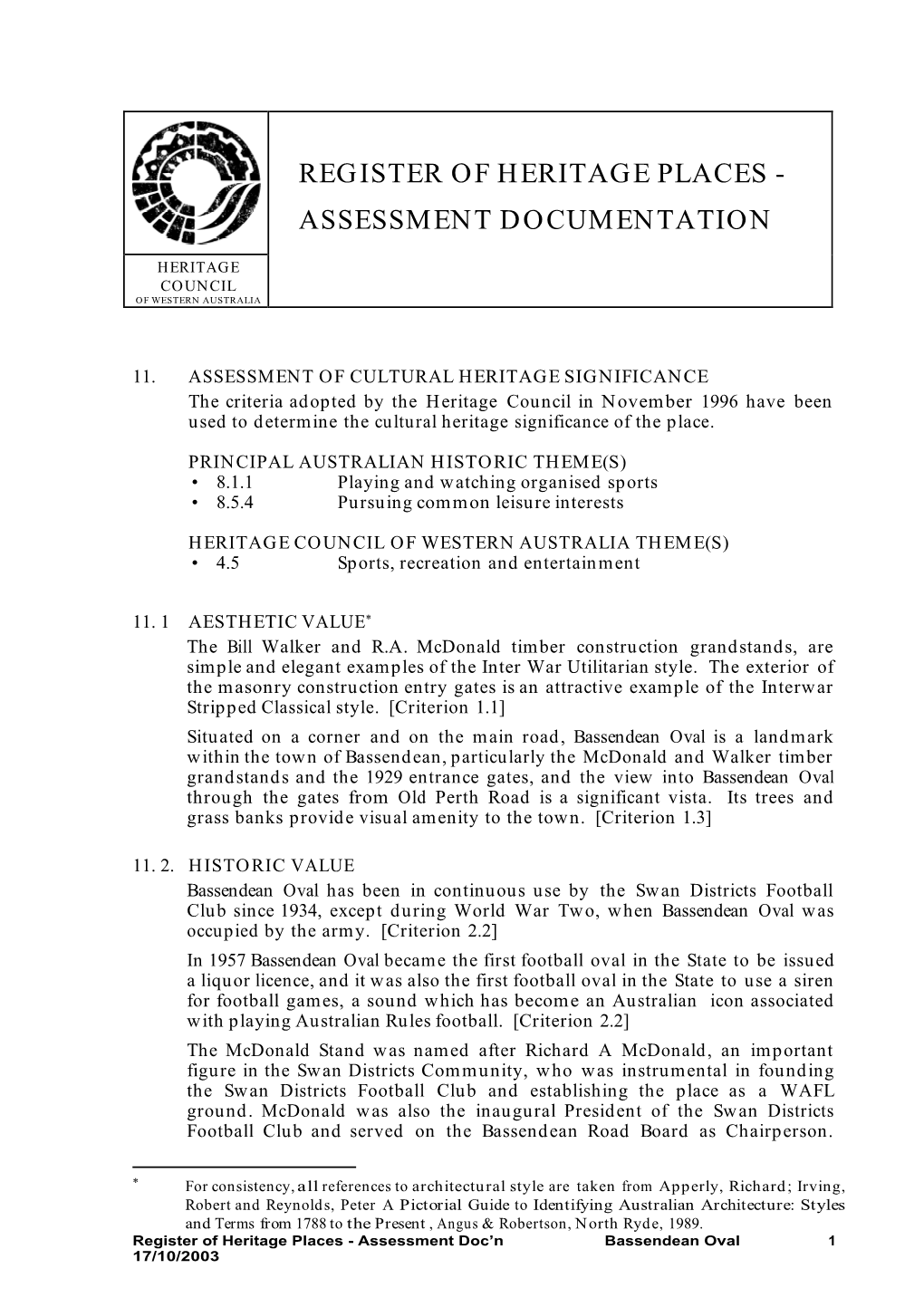 Register of Heritage Places - Assessment Documentation