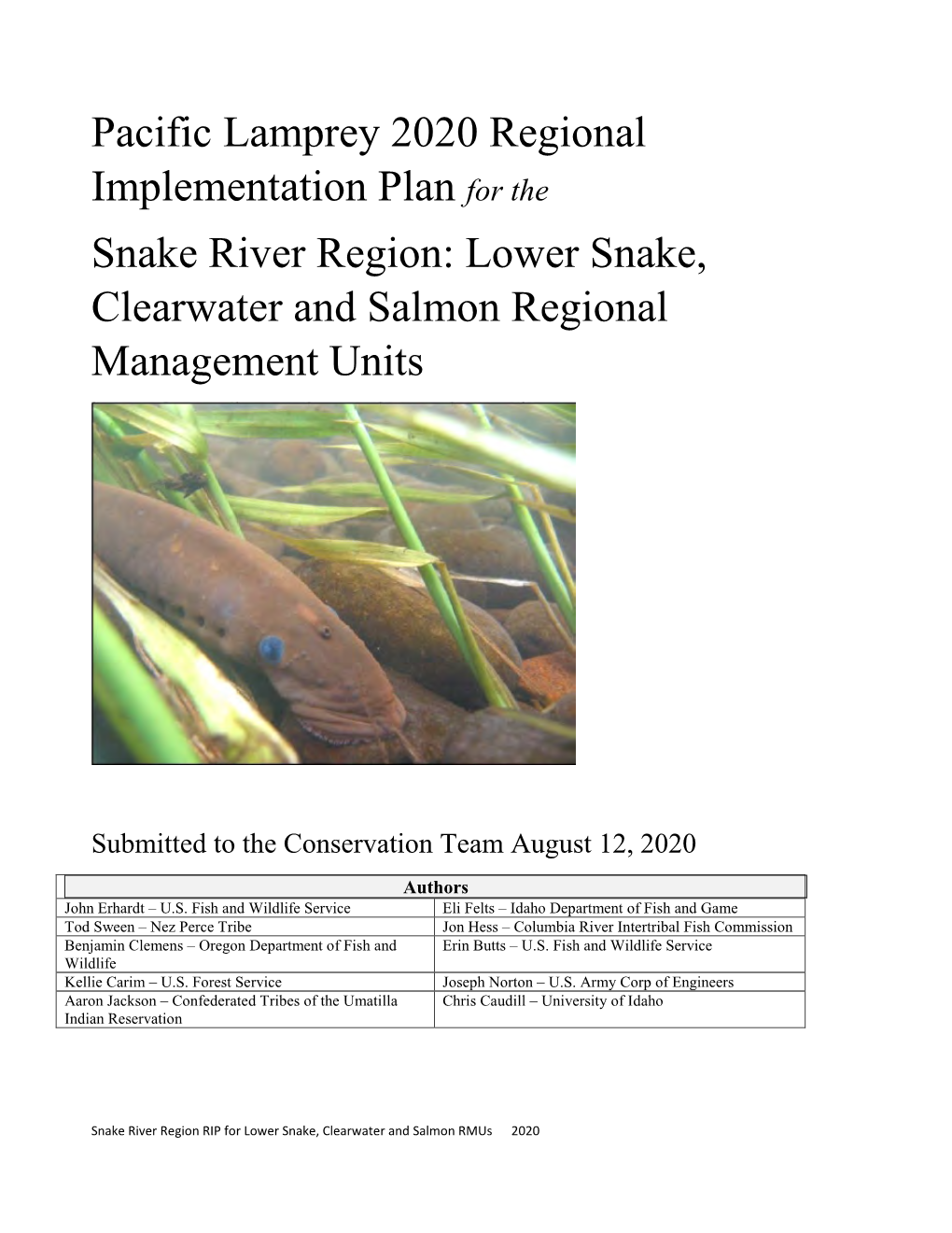 Pacific Lamprey 2020 Regional Implementation Plan for the Snake River Region: Lower Snake, Clearwater and Salmon Regional Management Units