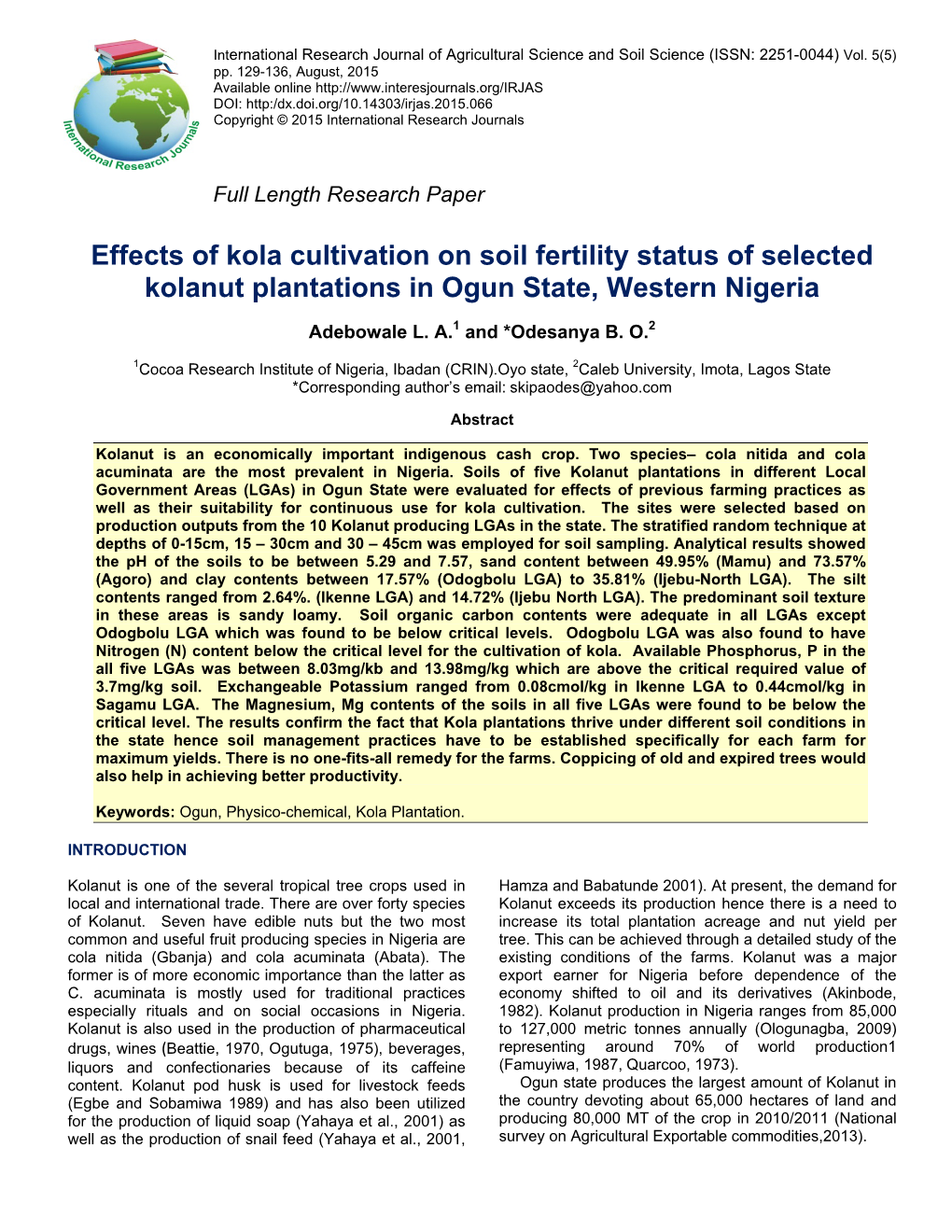 Effects of Kola Cultivation on Soil Fertility Status of Selected Kolanut Plantations in Ogun State, Western Nigeria