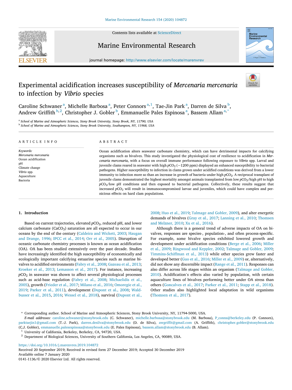 Experimental Acidification Increases Susceptibility of Mercenaria