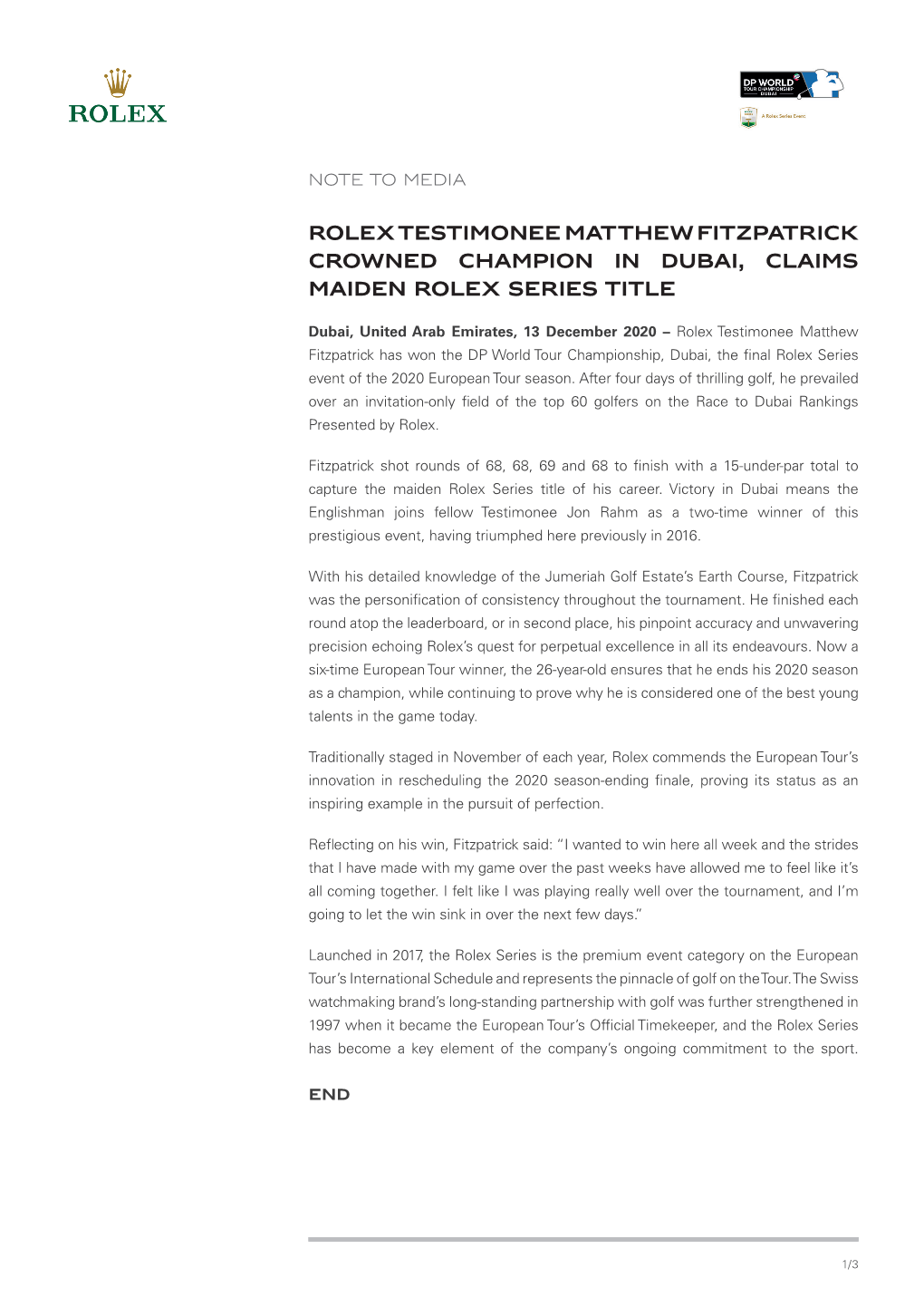 Rolex Testimonee Matthew Fitzpatrick Crowned Champion in Dubai, Claims Maiden Rolex Series Title