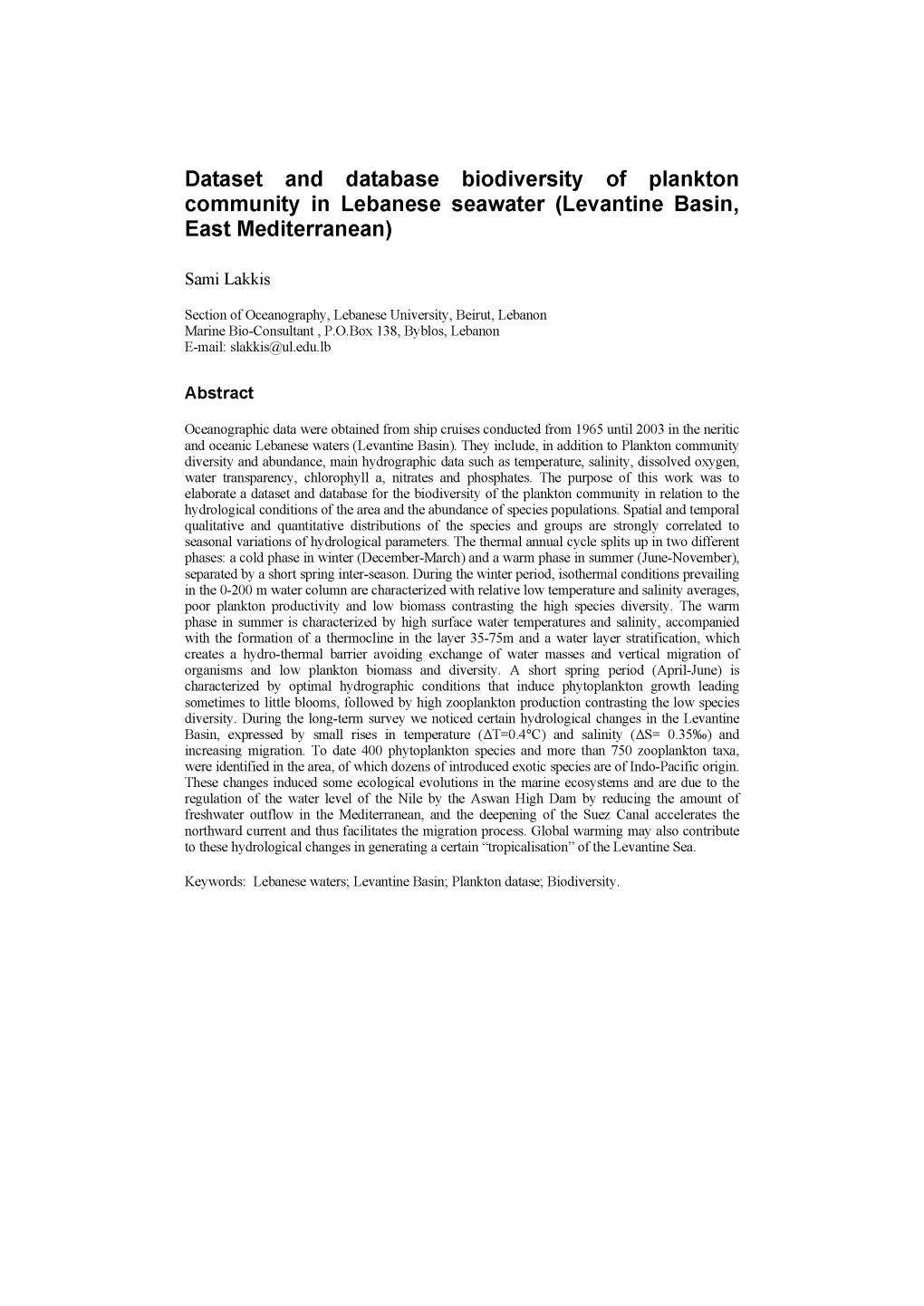 Dataset and Database Biodiversity of Plankton Community in Lebanese Seawater (Levantine Basin, East Mediterranean)