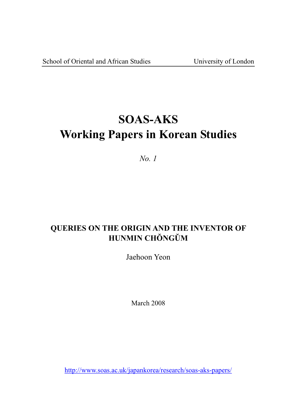 SOAS-AKS Working Papers in Korean Studies 1