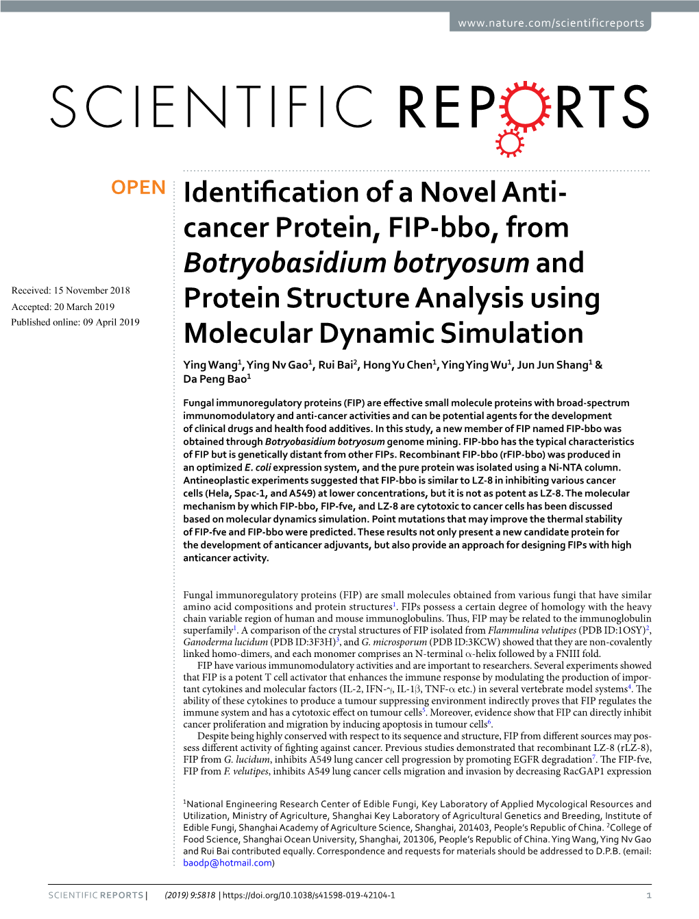 Identification of a Novel Anti-Cancer Protein, FIP-Bbo, From