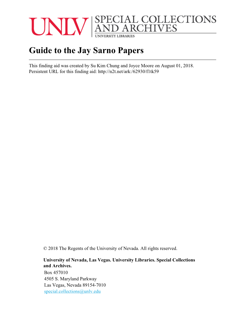 Guide to the Jay Sarno Papers
