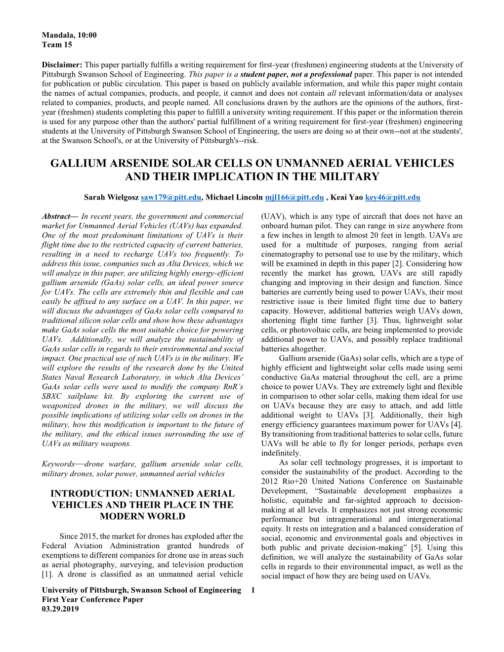 Gallium Arsenide Solar Cells on Unmanned Aerial Vehicles and Their Implication in the Military