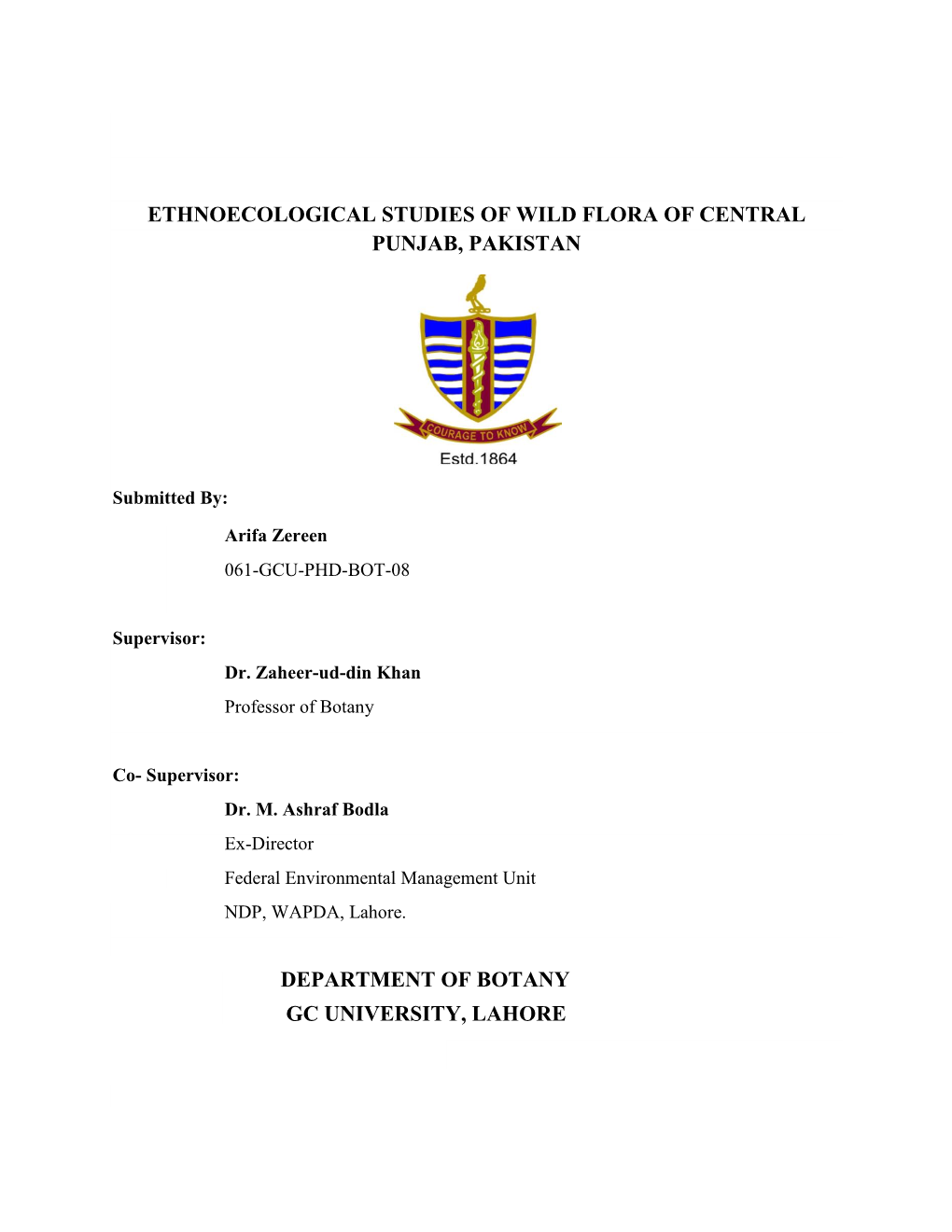 Ethnoecological Studies of Wild Flora of Central Punjab, Pakistan