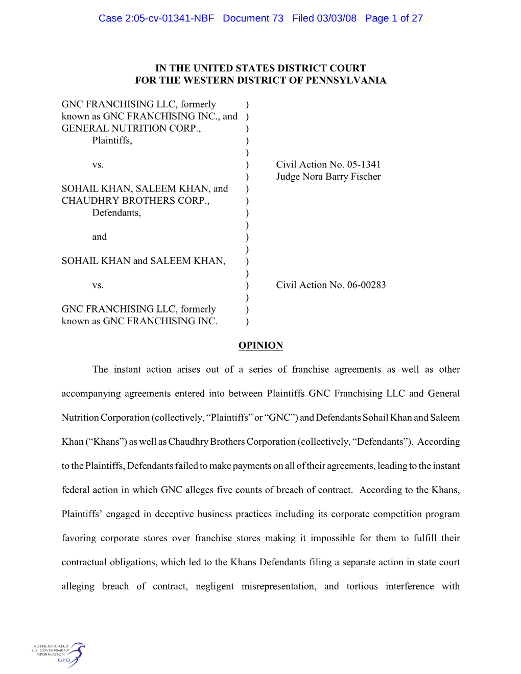 Case 2:05-Cv-01341-NBF Document 73 Filed 03/03/08 Page 1 of 27