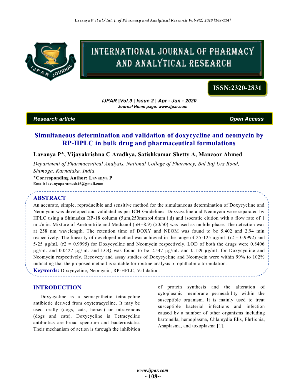 Simultaneous Determination and Validation of Doxycycline And