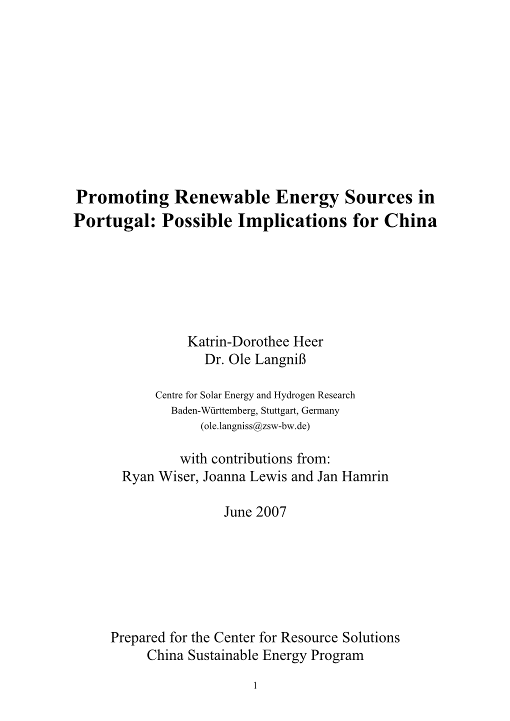 Promoting Renewable Energy Sources in Portugal: Possible Implications for China