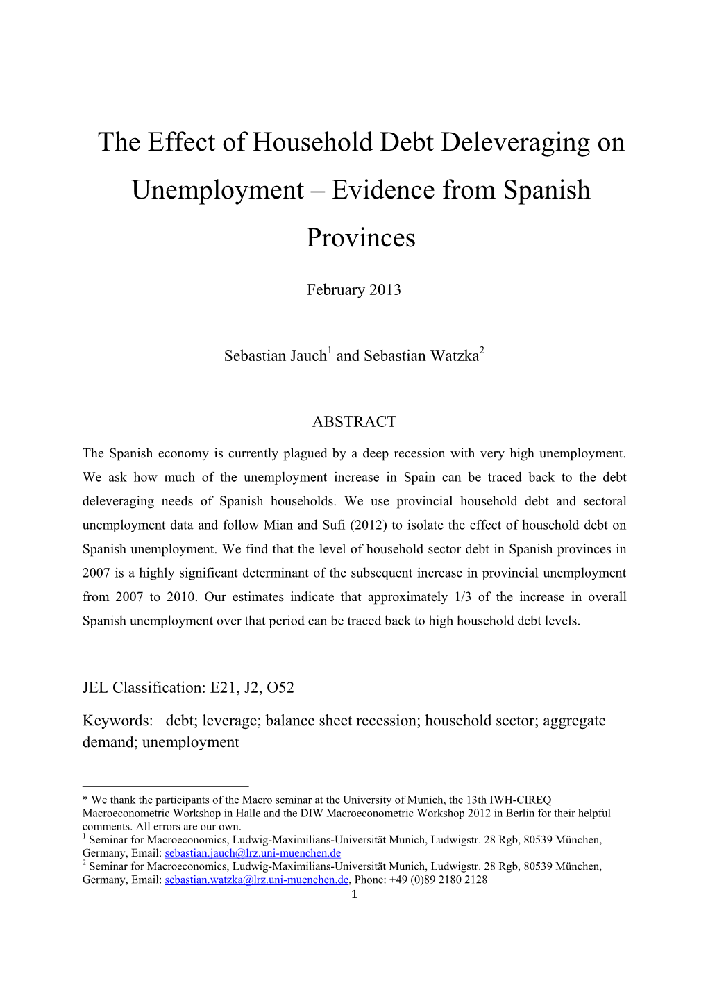 The Effect of Household Debt Deleveraging on Unemployment – Evidence from Spanish Provinces