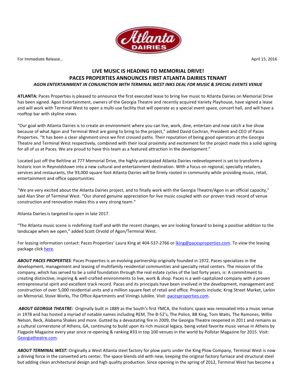 For Immediate Release… April 15, 2016