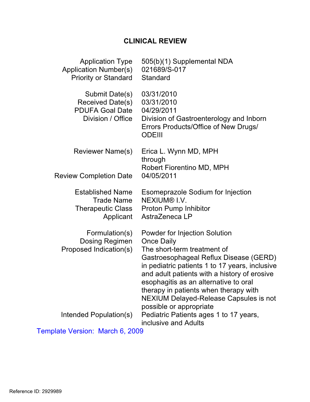 21-689S017 Esomeprazole Clinical PREA