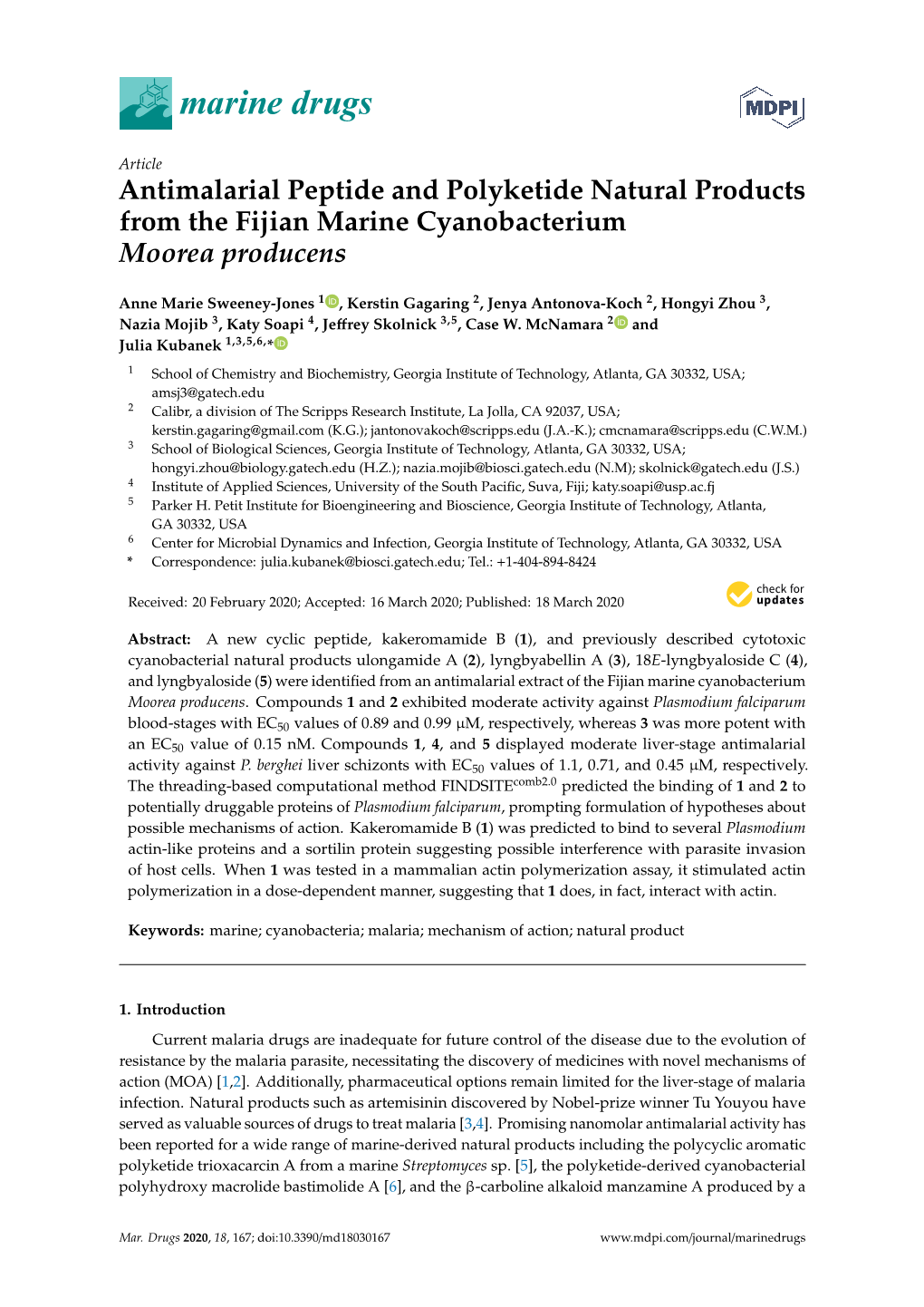 Antimalarial Peptide and Polyketide Natural Products from the Fijian Marine Cyanobacterium Moorea Producens