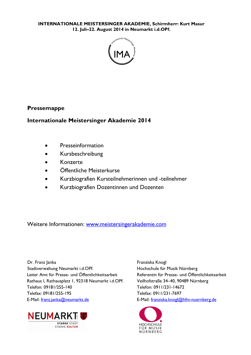 Pressemappe Internationale Meistersinger Akademie 2014