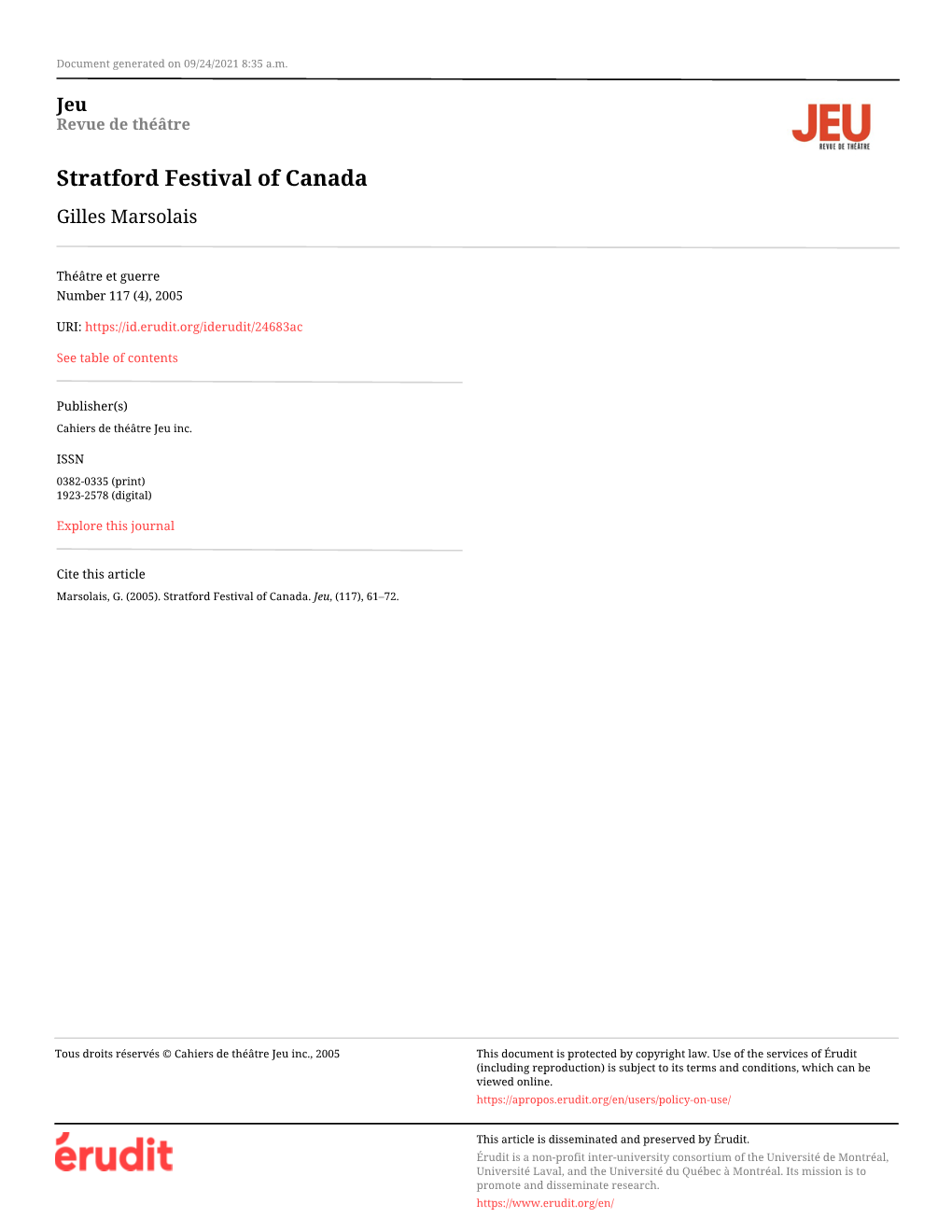 Stratford Festival of Canada Gilles Marsolais