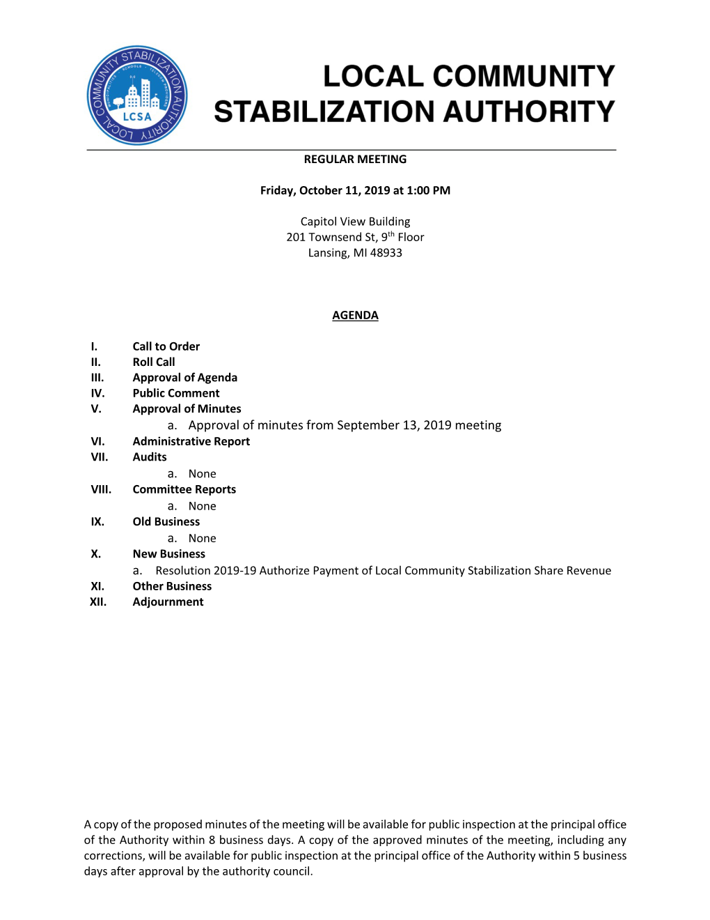 A. Approval of Minutes from September 13, 2019 Meeting VI