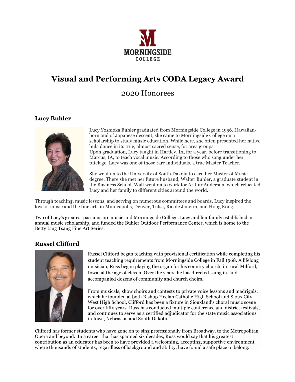 Visual and Performing Arts CODA Legacy Award 2020 Honorees