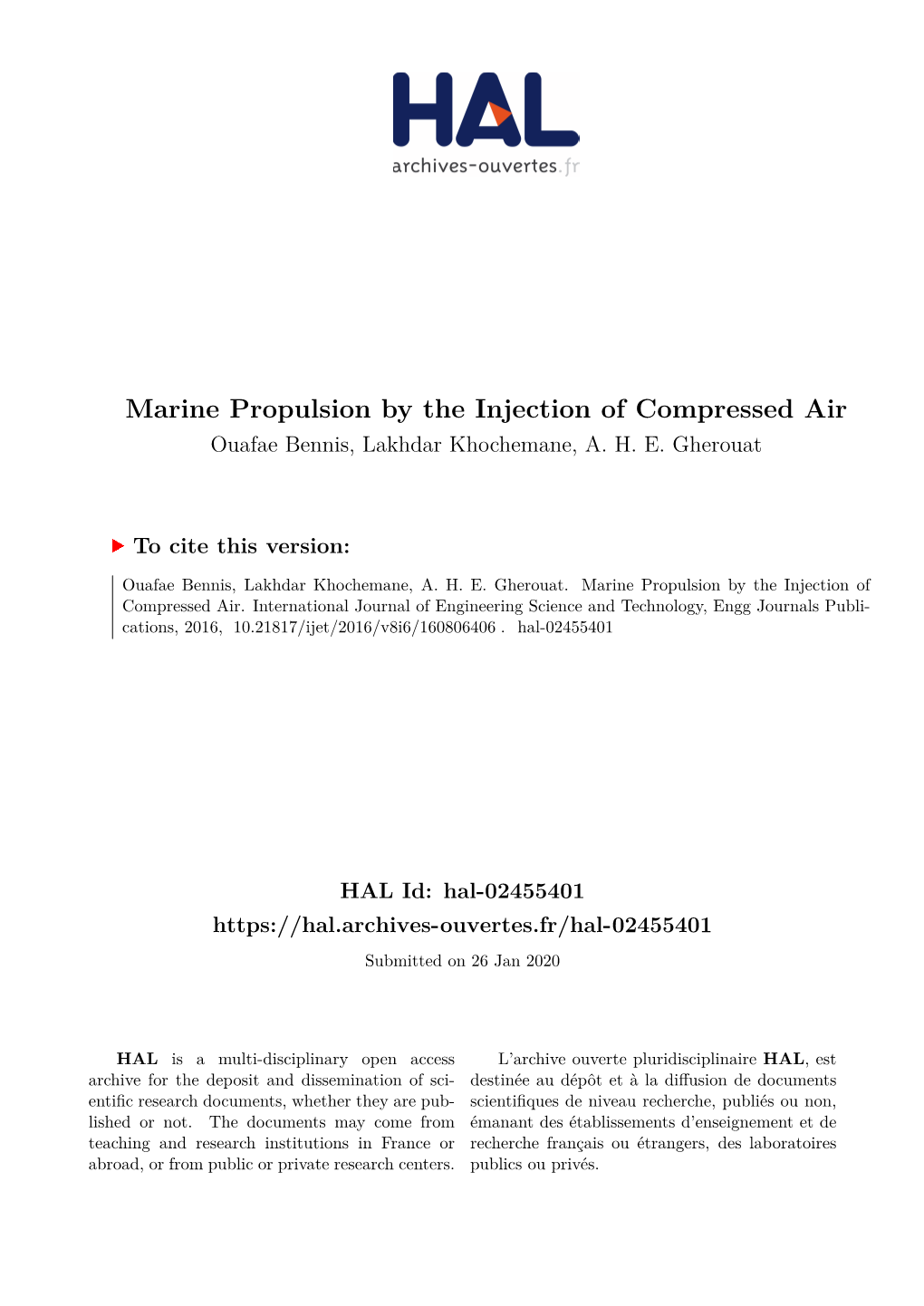 Marine Propulsion by the Injection of Compressed Air Ouafae Bennis, Lakhdar Khochemane, A