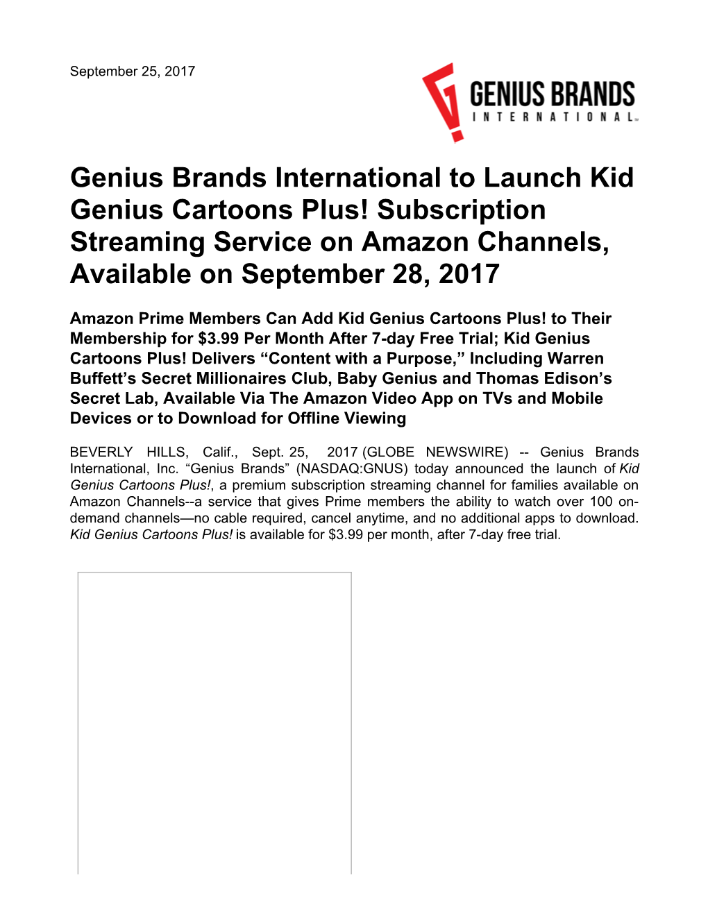 Genius Brands International to Launch Kid Genius Cartoons Plus! Subscription Streaming Service on Amazon Channels, Available on September 28, 2017