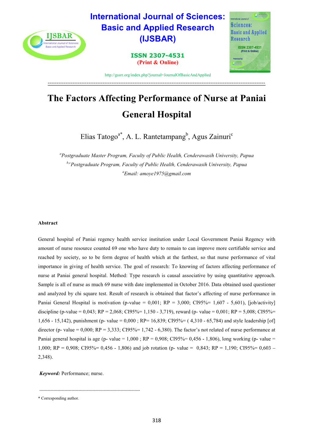 The Factors Affecting Performance of Nurse at Paniai General Hospital