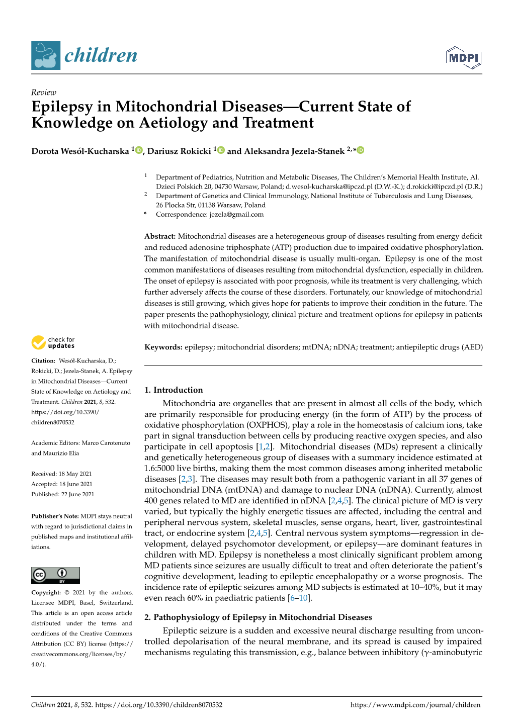 Epilepsy in Mitochondrial Diseases—Current State of Knowledge on Aetiology and Treatment