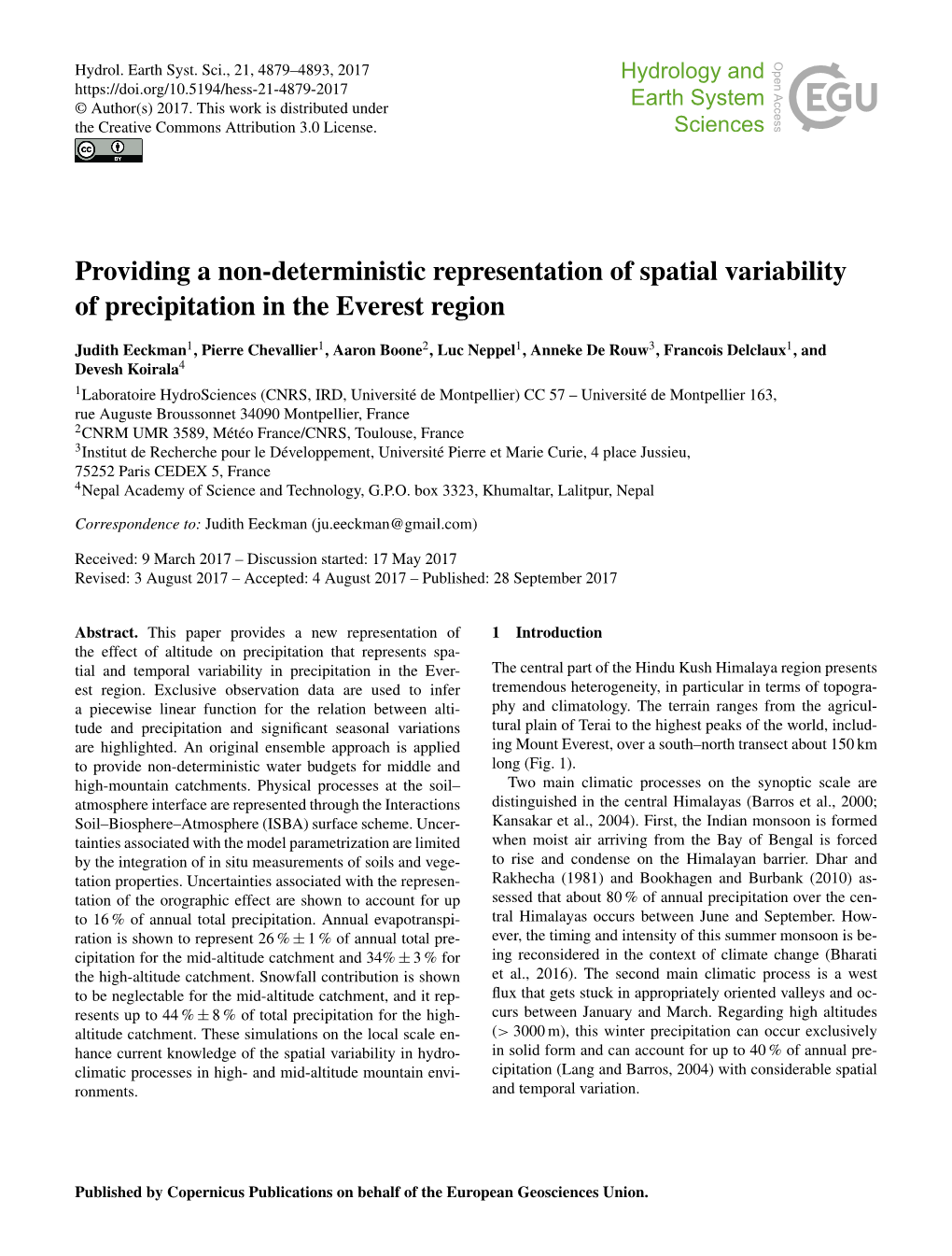 Providing a Non-Deterministic Representation of Spatial Variability of Precipitation in the Everest Region