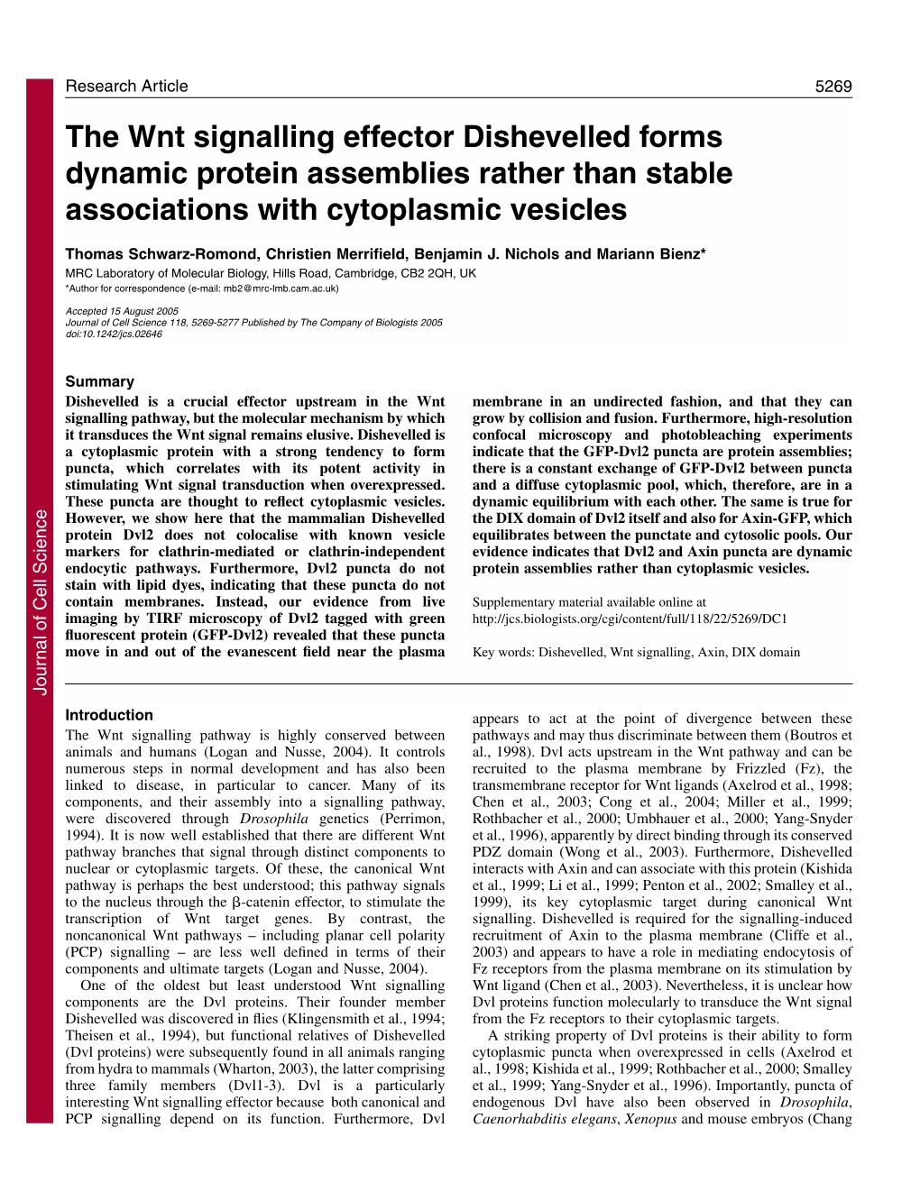 The Wnt Signalling Effector Dishevelled Forms Dynamic Protein Assemblies Rather Than Stable Associations with Cytoplasmic Vesicles