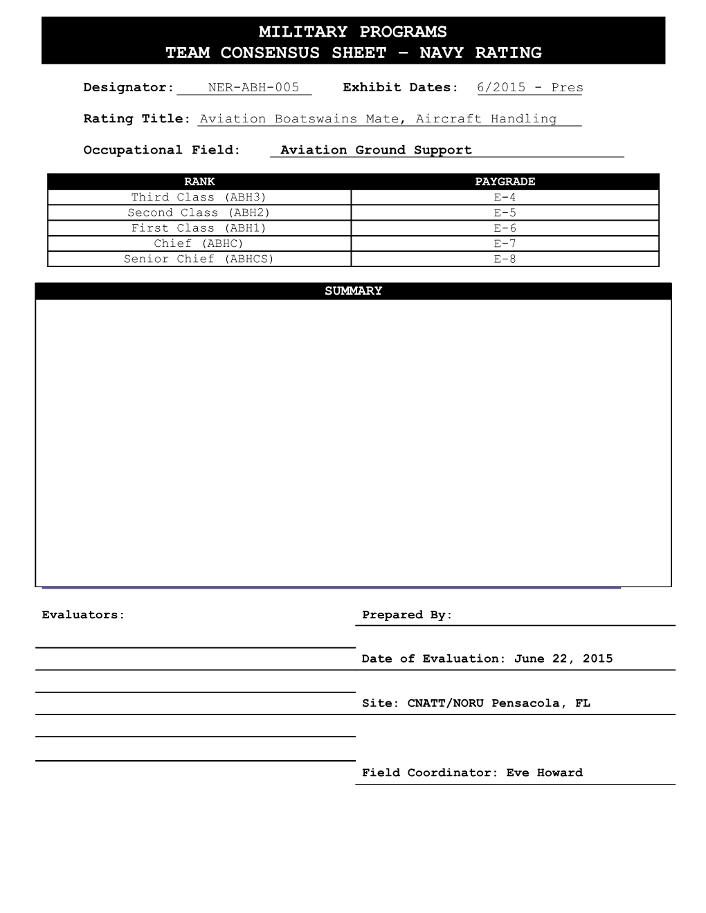 Sample Occupation TCS - Military Programs